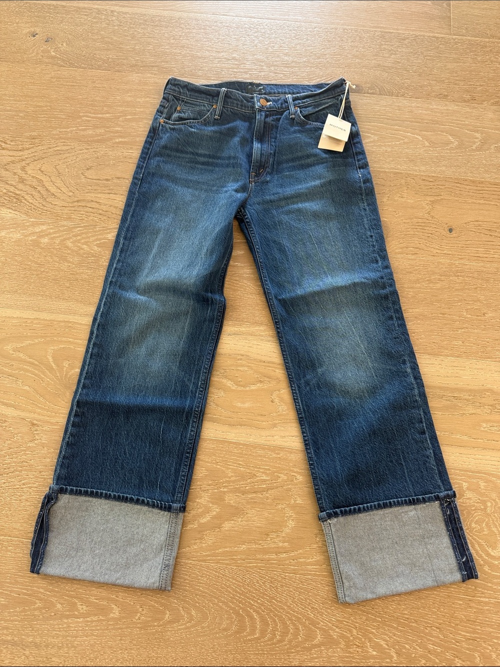 MOTHER Straight Jeans in Dark Blue Denim with Cuffed Hems